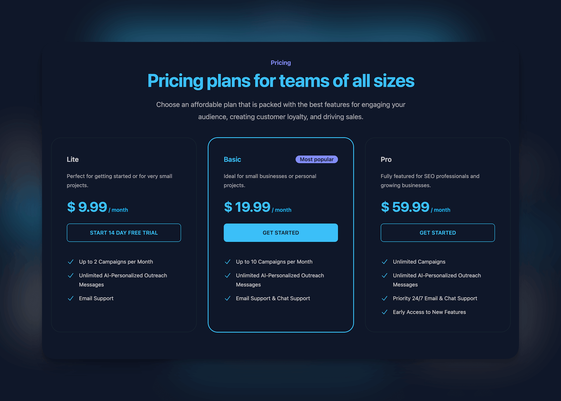 Pricing table fetching data from Lemon Squeezy for BacklinkGPT.com