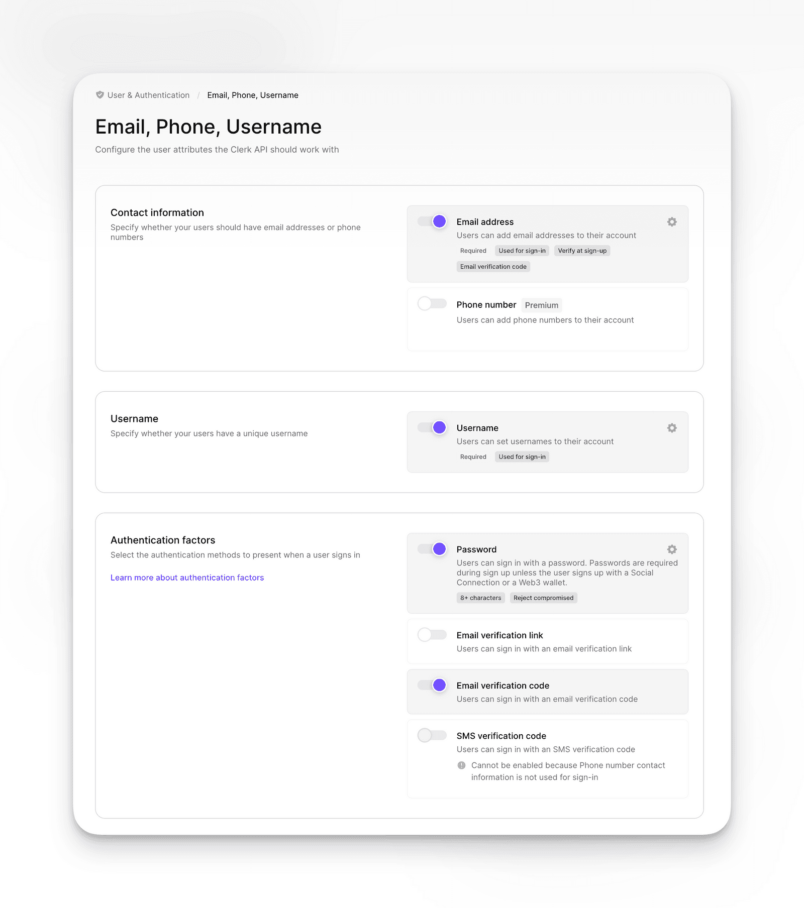 Clerk Email, Phone, Username Settings