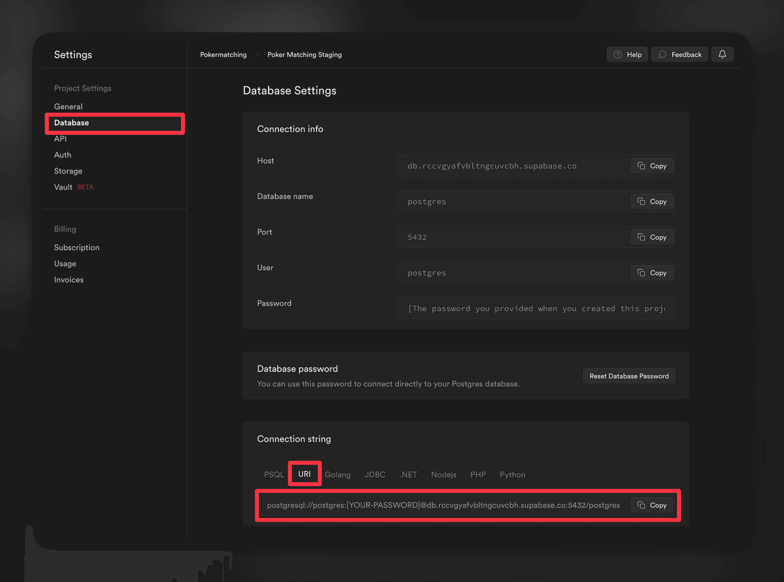 Getting Supabase Connection URI