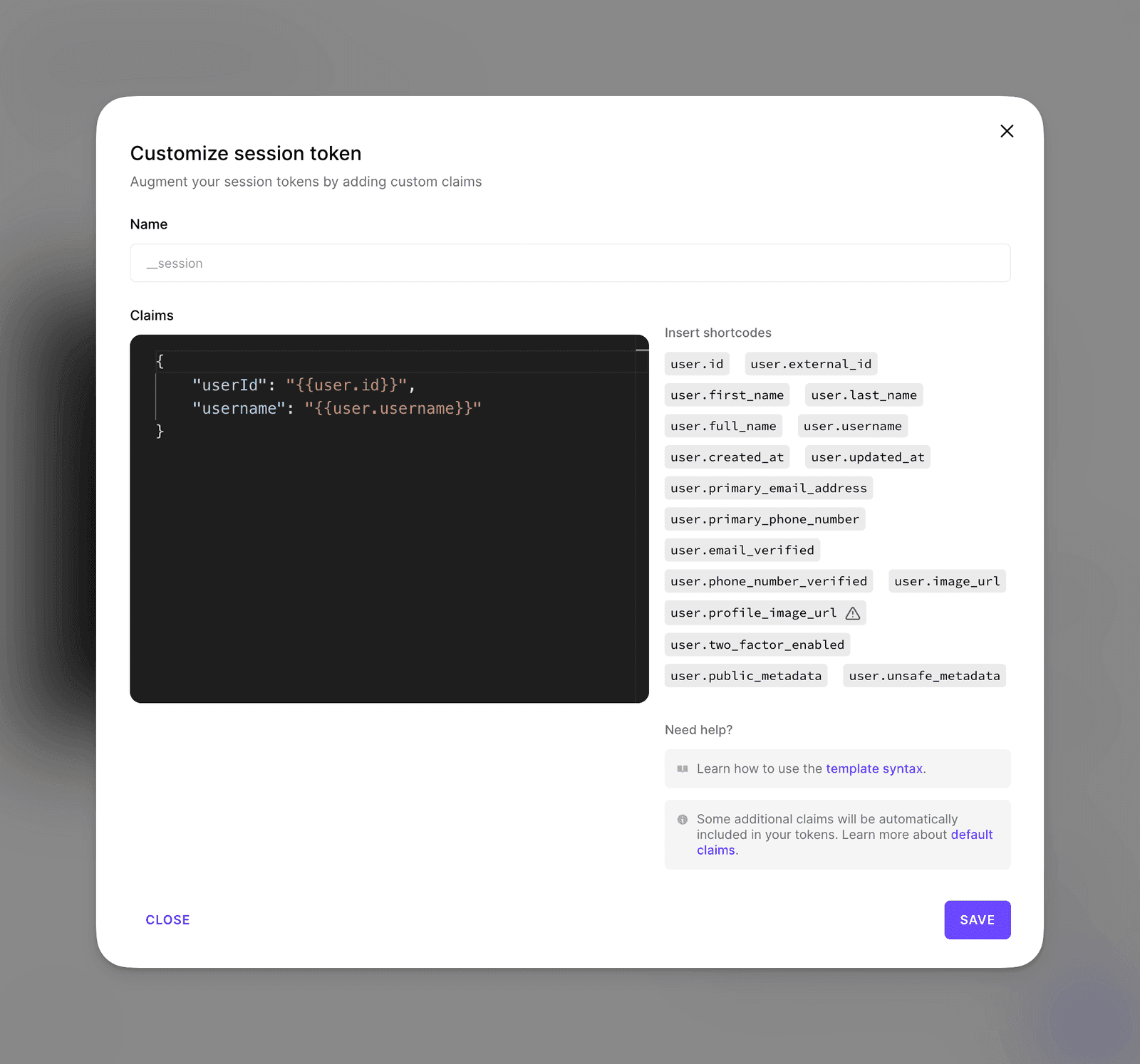 Customisation of session token