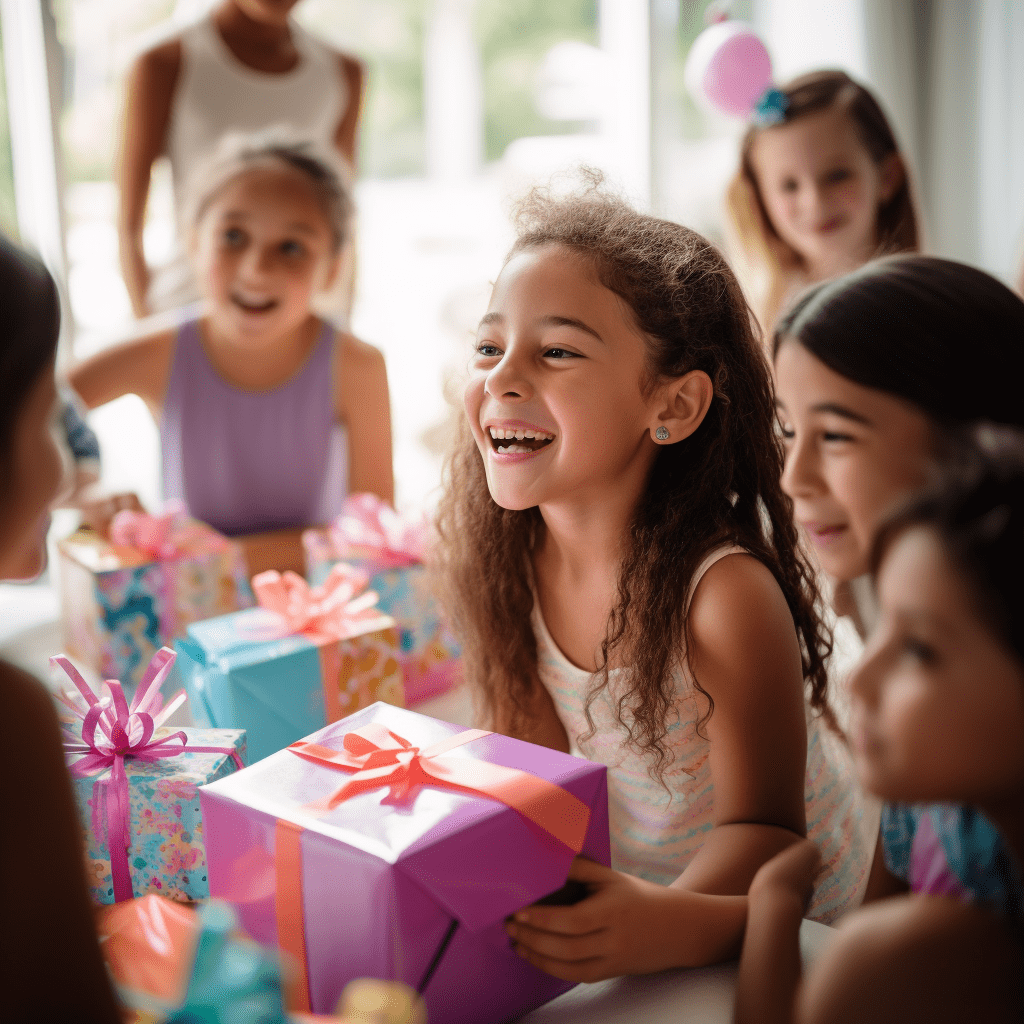 A photograph of a beaming 9-year-old girl unwrapping a gift, surrounded by her friends at a colorful and lively birthday party, captured during midday with natural lighting streaming in through a large window. The picture is shot with a Canon EOS Rebel T7i camera, using a 35mm f/1.8 lens, highlighting the excitement and joy of the moment.